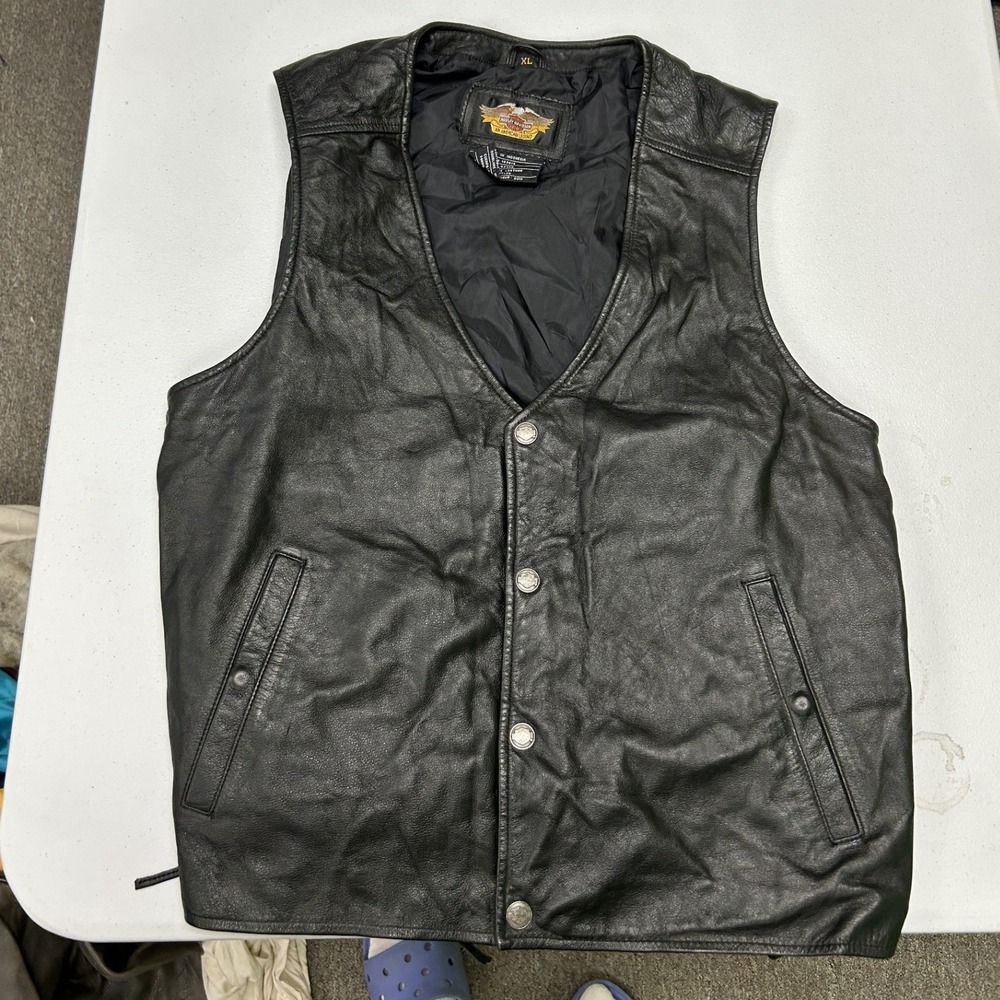 Harley-Davidson Leather Vest Mens XL Black Side Lace Embroidered Logo